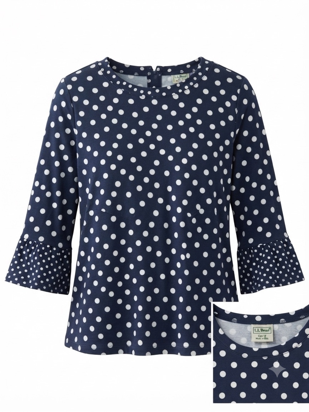 Boden Navy and White Polka Dot Top with Red Trim